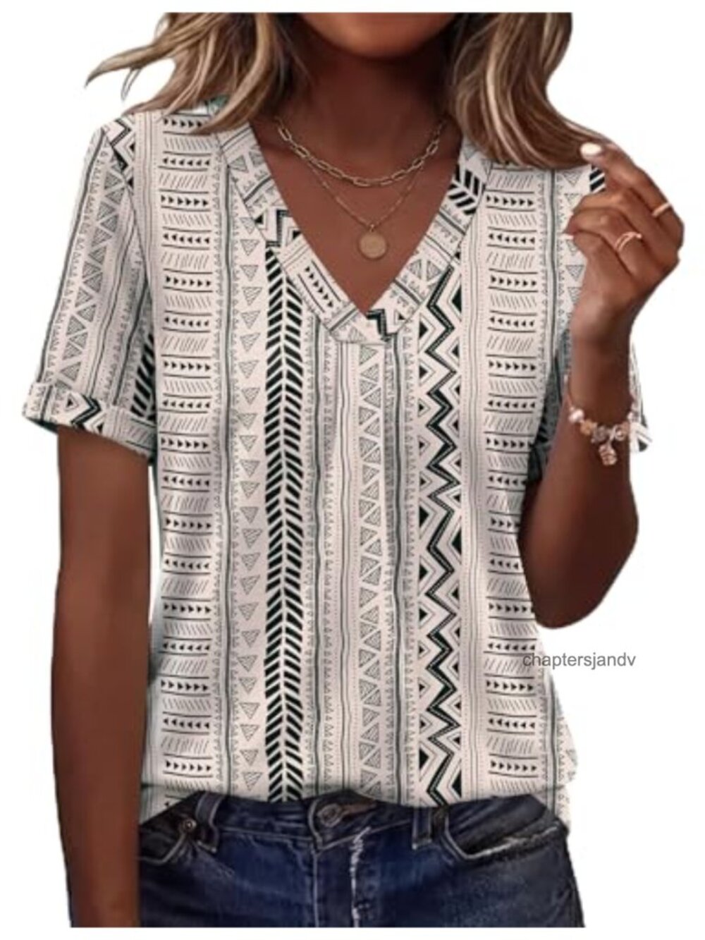 Women's V-Neck Short Sleeve Tunic Blouse Casual Flowy Top